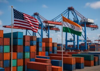 Contenedores apilados en puerto con grúas y banderas de Estados Unidos e India ondeando en contraste con aranceles
