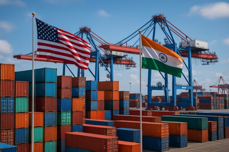 Contenedores apilados en puerto con grúas y banderas de Estados Unidos e India ondeando en contraste con aranceles