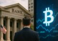 Hombre observa un banco tradicional frente a una pantalla de criptomonedas.
