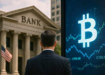 Hombre observa un banco tradicional frente a una pantalla de criptomonedas.