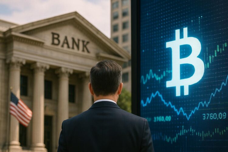 Hombre observa un banco tradicional frente a una pantalla de criptomonedas.
