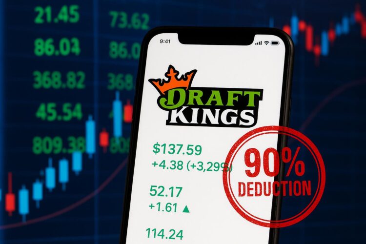 Smartphone con app de DraftKings y sello rojo de “90% deduction” sobre cifras verdes.
