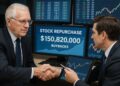 Dos ejecutivos de Jefferies Wall Street revisan gráficos financieros con pantallas que muestran cifras de recompra de acciones