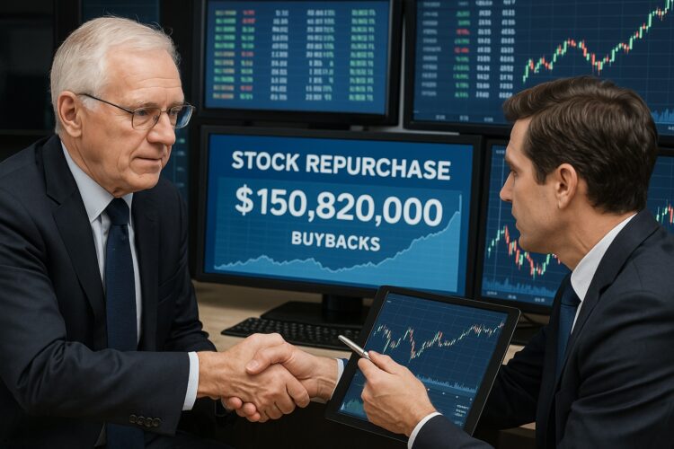 Dos ejecutivos de Jefferies Wall Street revisan gráficos financieros con pantallas que muestran cifras de recompra de acciones