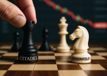 Tablero de ajedrez con piezas Citadel y Schonfeld moviéndose bajo presión del mercado.