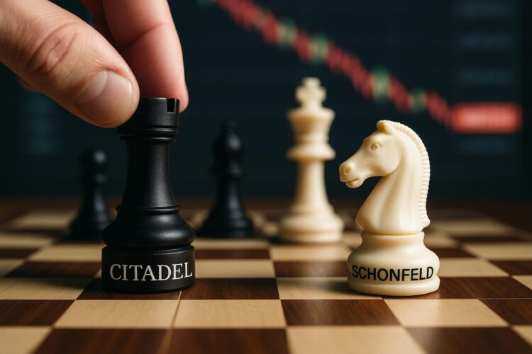 Tablero de ajedrez con piezas Citadel y Schonfeld moviéndose bajo presión del mercado.