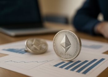 Monedas físicas de Ether sobre gráficos financieros en escritorio, simbolizando récord e impulso en ETFs.