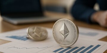 Monedas físicas de Ether sobre gráficos financieros en escritorio, simbolizando récord e impulso en ETFs.