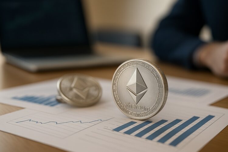 Monedas físicas de Ether sobre gráficos financieros en escritorio, simbolizando récord e impulso en ETFs.