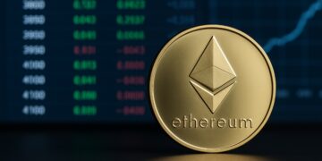 Moneda física de Ether con fondo de datos de opciones y gráficos del mercado de derivados.