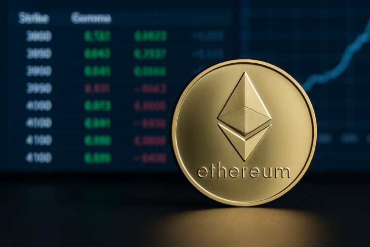Moneda física de Ether con fondo de datos de opciones y gráficos del mercado de derivados.
