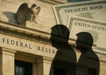 Fachada de la Fed con superposición de sombras políticas y papeles de bonos del tesoro de EE.UU.