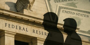 Fachada de la Fed con superposición de sombras políticas y papeles de bonos del tesoro de EE.UU.
