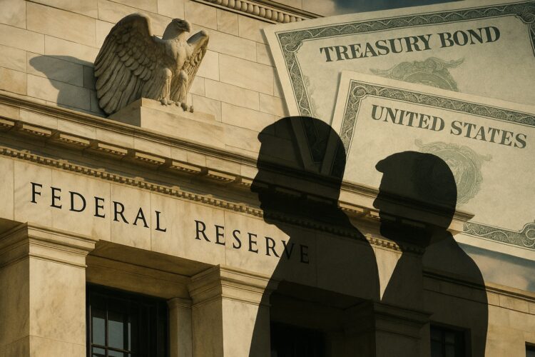 Fachada de la Fed con superposición de sombras políticas y papeles de bonos del tesoro de EE.UU.