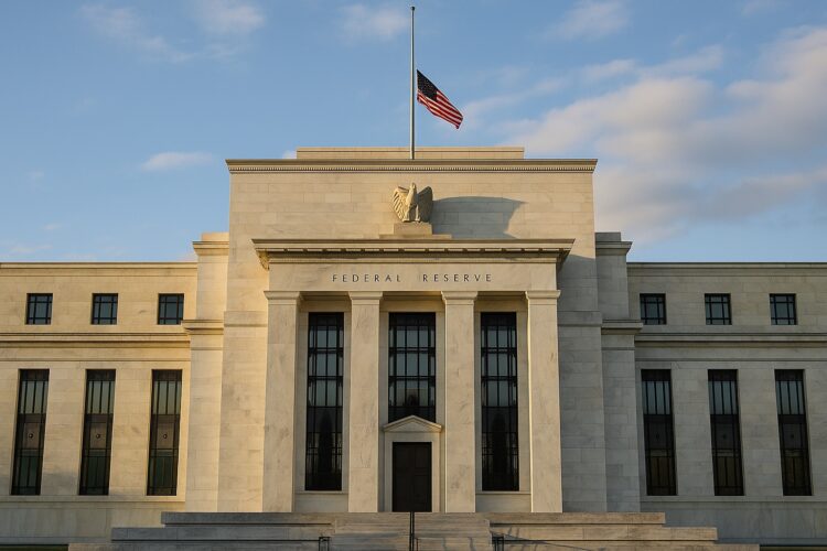 Fachada del edificio de la Reserva Federal en Washington con la bandera de Estados Unidos a media asta