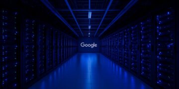 Pasillo de servidores en sala iluminada en azul con logo de Google al fondo representando centro de datos