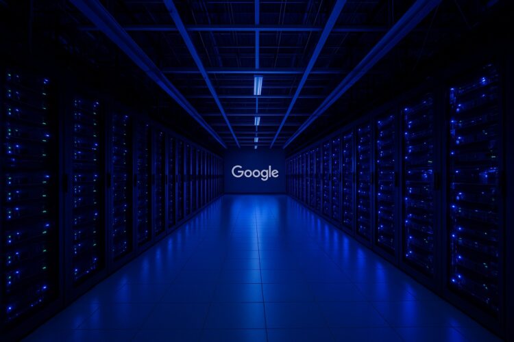 Pasillo de servidores en sala iluminada en azul con logo de Google al fondo representando centro de datos