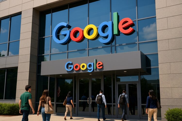 Entrada de un edificio corporativo moderno con logo de Google y empleados ficticios entrando.