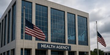 Fachada de CDC Health Agency y banderas de EE.UU. a media asta