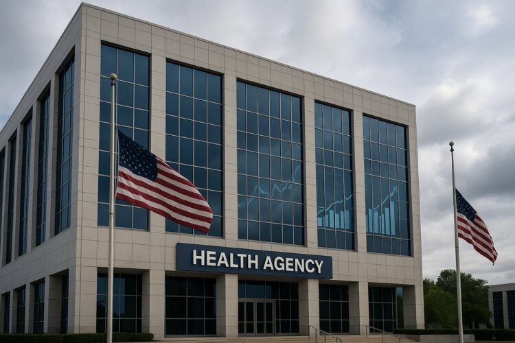 Fachada de CDC Health Agency y banderas de EE.UU. a media asta
