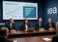 Sala de conferencias de la IEA con ejecutivos observando gráficos de demanda energética y energías renovables