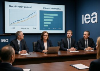 Sala de conferencias de la IEA con ejecutivos observando gráficos de demanda energética y energías renovables