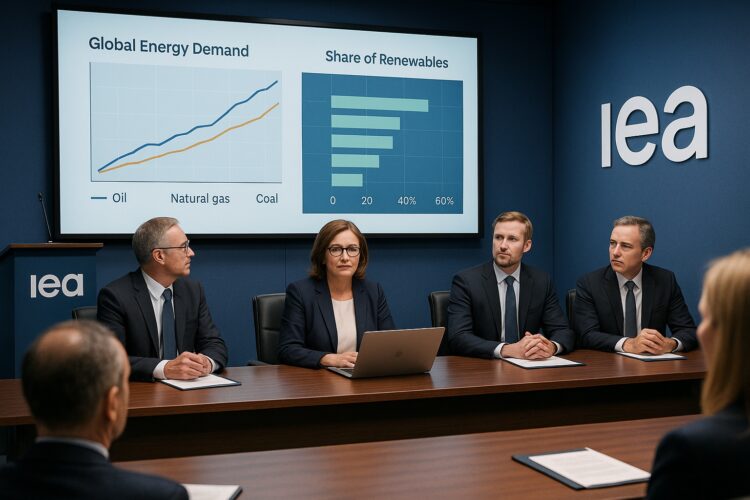 Sala de conferencias de la IEA con ejecutivos observando gráficos de demanda energética y energías renovables