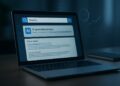 Interfaz de búsqueda con resumen de inteligencia artificial sobre resultados tradicionales en laptop.