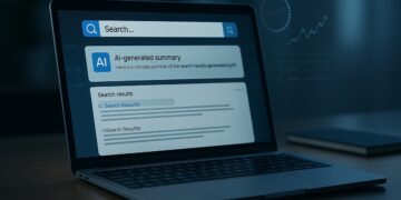 Interfaz de búsqueda con resumen de inteligencia artificial sobre resultados tradicionales en laptop.