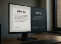 Monitor de escritorio con pantalla dividida que muestra comparativa entre los modelos GPT-4o y GPT-5 de OpenAI.