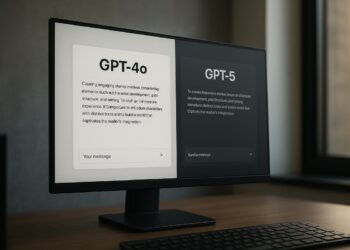 Monitor de escritorio con pantalla dividida que muestra comparativa entre los modelos GPT-4o y GPT-5 de OpenAI.