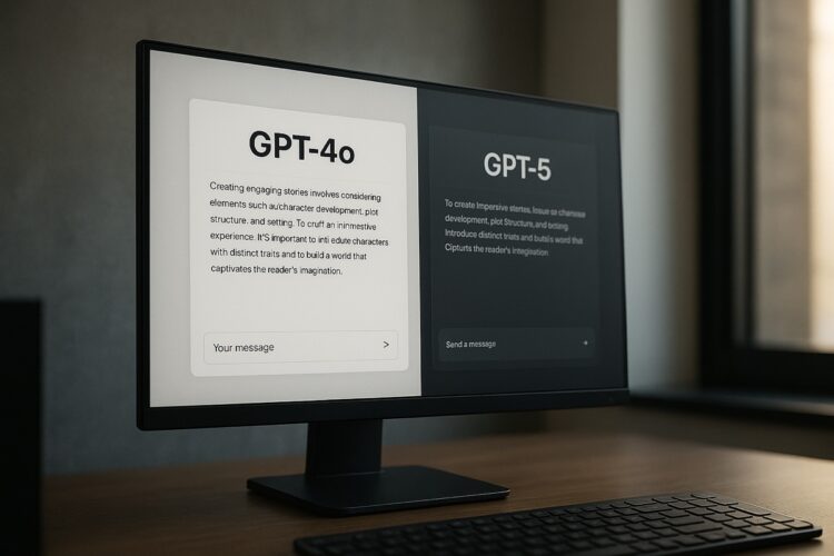 Monitor de escritorio con pantalla dividida que muestra comparativa entre los modelos GPT-4o y GPT-5 de OpenAI.
