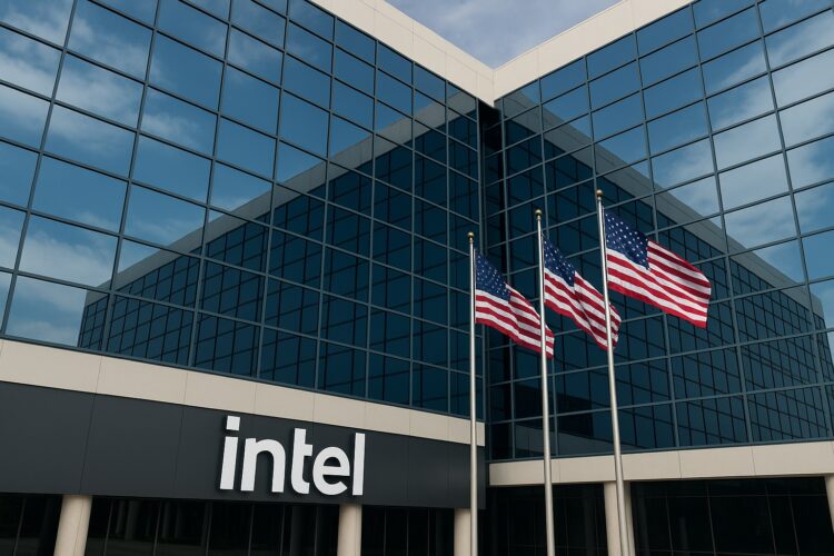 Fachada del edificio central de Intel con varias banderas estadounidenses al frente ondeando en mástiles