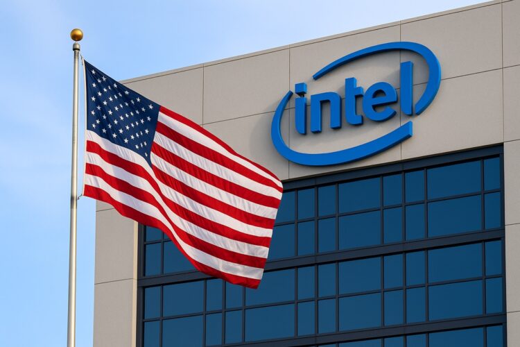 Intel con sede corporativa y bandera de Estados Unidos ondeando al frente, reflejando la posible participación del gobierno.