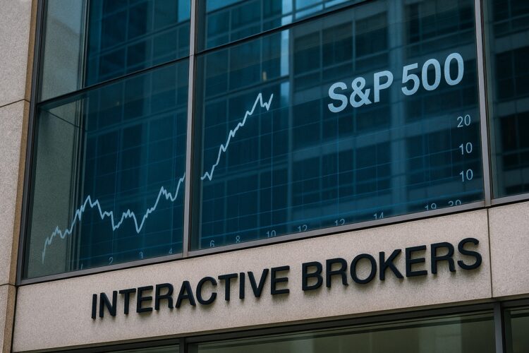 Detalle arquitectónico de la sede de Interactive Brokers con reflejo editorial alusivo al S&P 500.