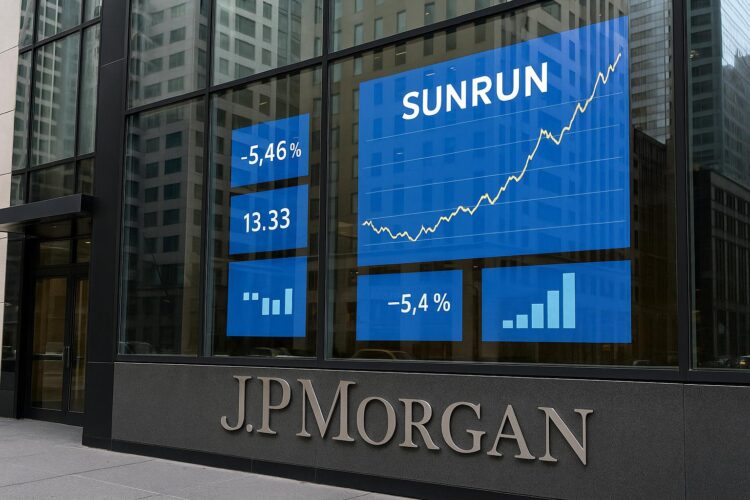 Fachada de JPMorgan en Nueva York con pantallas que muestran gráficos de Sunrun