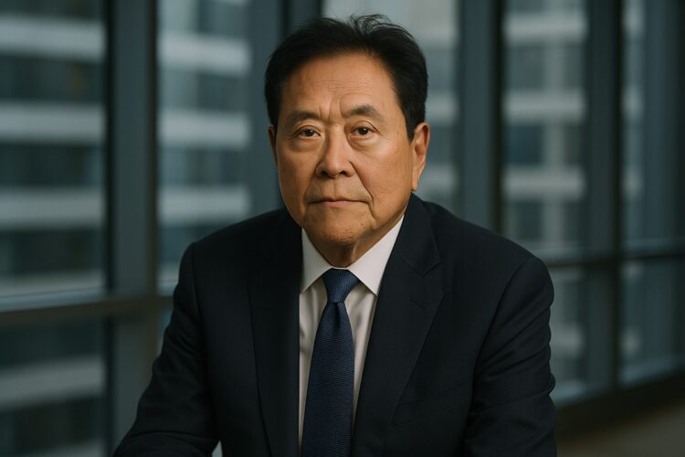 Robert Kiyosaki en un entorno corporativo sobrio y profesional.