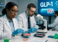Científicos de Eli Lilly en laboratorio farmacéutico investigan píldoras GLP-1 con microscopio y gráficos en pantalla