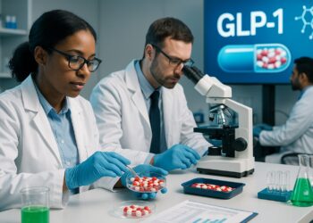 Científicos de Eli Lilly en laboratorio farmacéutico investigan píldoras GLP-1 con microscopio y gráficos en pantalla