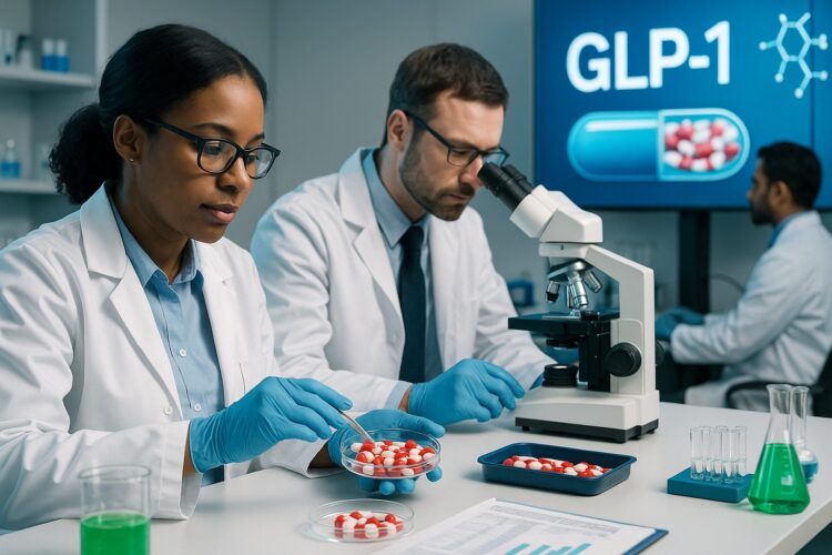 Científicos de Eli Lilly en laboratorio farmacéutico investigan píldoras GLP-1 con microscopio y gráficos en pantalla