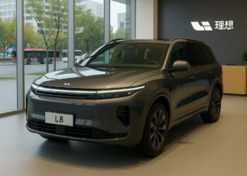 SUV Li Auto L8 gris estacionado en un concesionario chino con ventanales y logo de la marca
