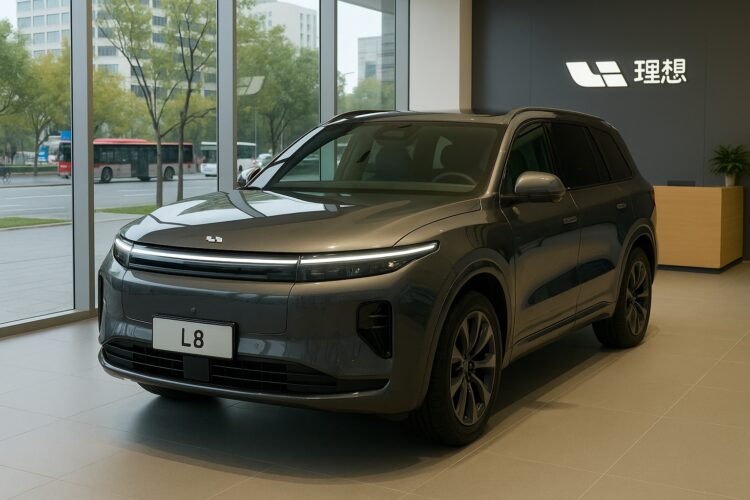 SUV Li Auto L8 gris estacionado en un concesionario chino con ventanales y logo de la marca
