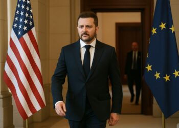 Fotografía de Zelenskyy genérico caminando serio hacia una sala oficial con banderas institucionales