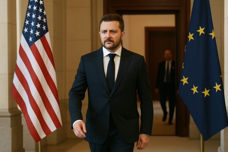 Fotografía de Zelenskyy genérico caminando serio hacia una sala oficial con banderas institucionales