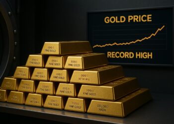 Lingotes de oro apilados en cámara acorazada mientras suben los precios a récord histórico.