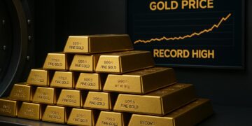 Lingotes de oro apilados en cámara acorazada mientras suben los precios a récord histórico.