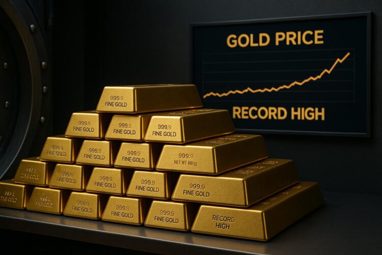 Lingotes de oro apilados en cámara acorazada mientras suben los precios a récord histórico.