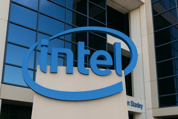 Fachada de la sede corporativa de Intel en California con el logotipo de la compañía en primer plano.