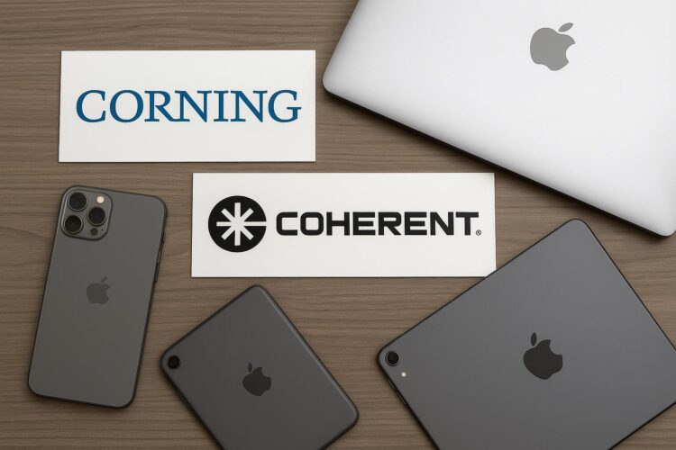 Logos de Corning y Coherent sobre mesa con MacBook, iPhone y iPad de Apple
