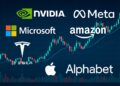 Ilustración digital con logotipos de NVIDIA, Meta, Microsoft, Amazon, Tesla, Apple y Alphabet sobre gráfico mercados financiero